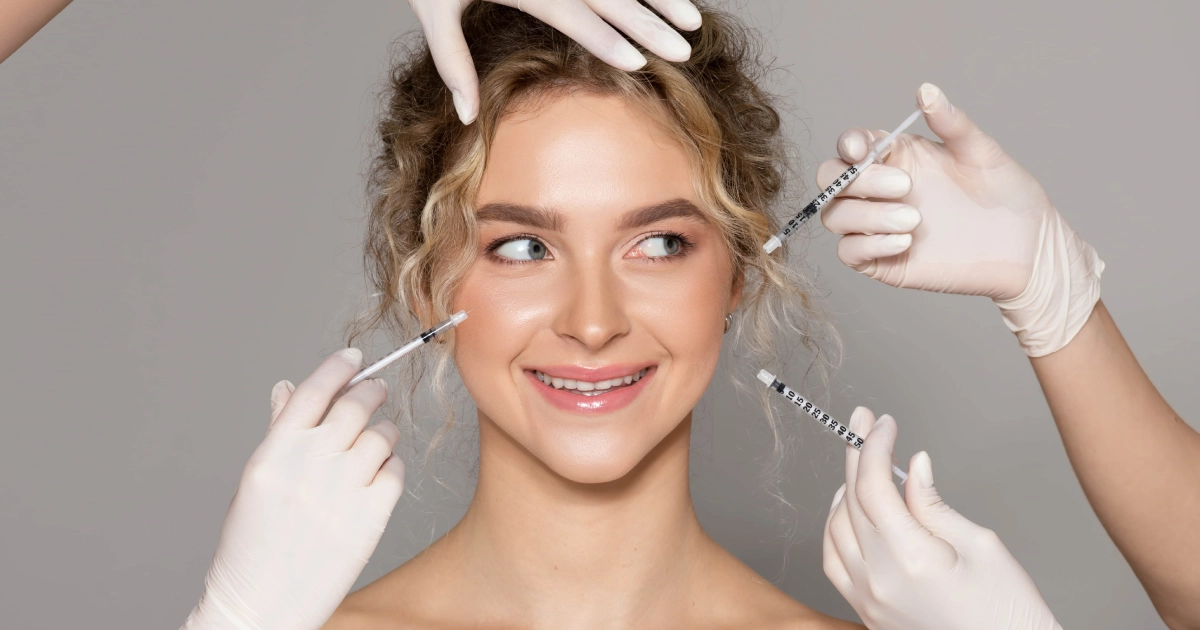 Smiling young woman with syringes near her face for Facial Fillers in Wyomissing, PA, on a gray background.